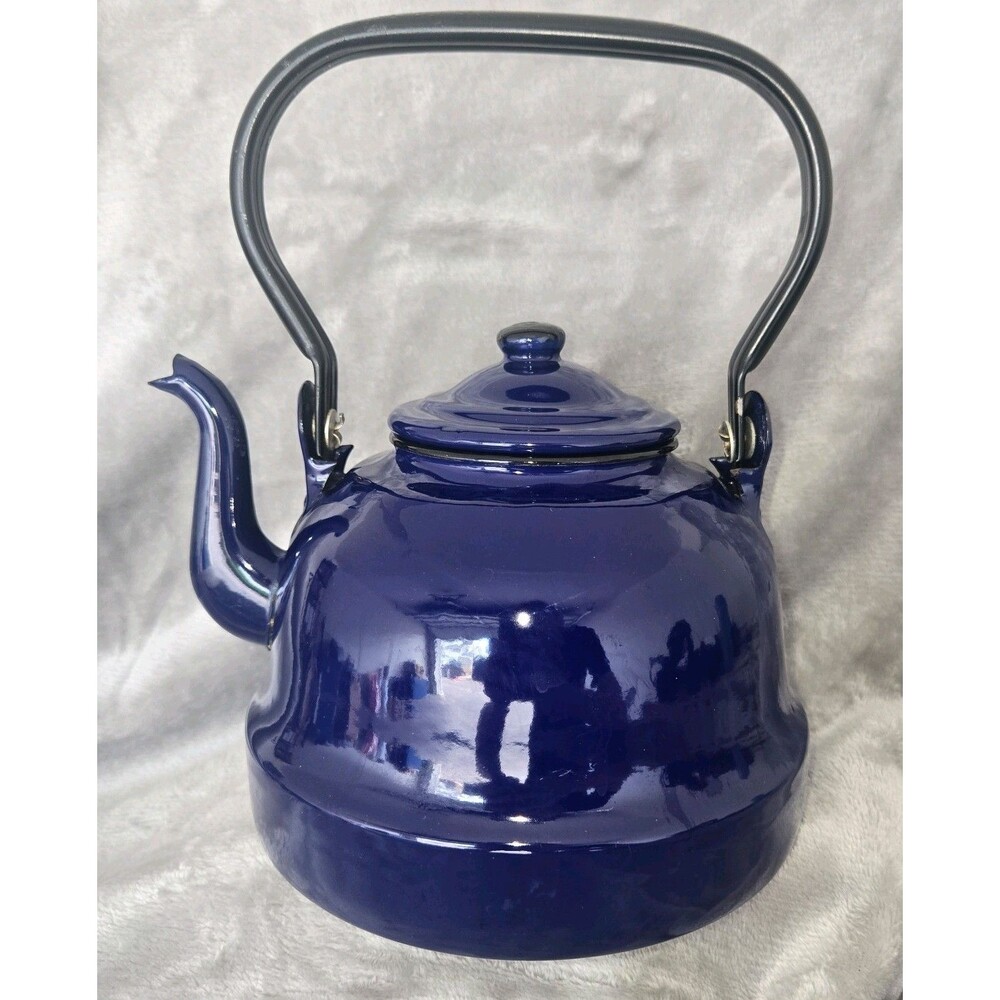 VTG Cobalt Blue Enamel Tea Kettle Made n Poland Enamelware Bear Mark Stovetop 18